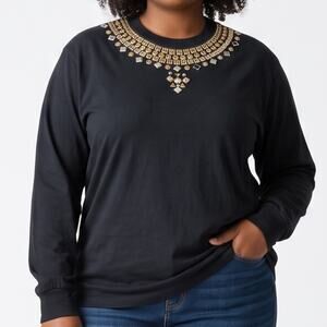 Vintage Womens Top Size Large Black Gold Bedazzled 80s Gem Detail Cotton Retro